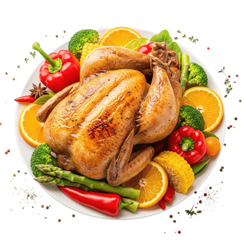 Deliciously roasted whole chicken adorned with fresh vegetables and citrus slices isolated on transparent background png