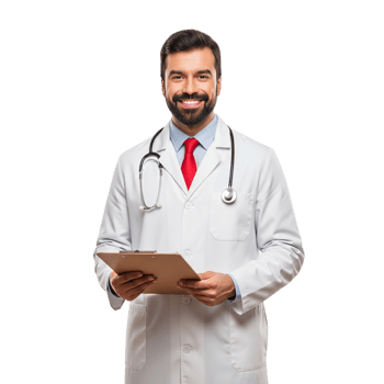 Smiling male doctor wearing a white lab coat and stethoscope holding a clipboard isolated on transparent background png