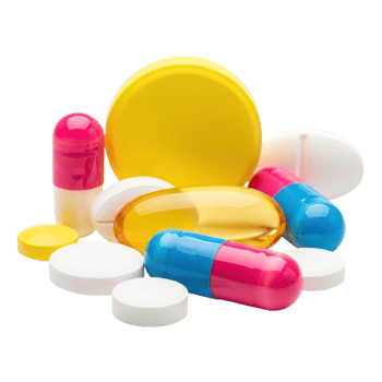 A vibrant assortment of colorful pharmaceutical capsules and tablets arranged in a cluster isolated on transparent background png