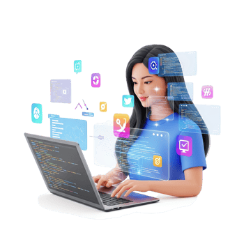Young woman programmer coding on a laptop with holographic digital interfaces and data streams surrounding her isolated on transparent background png