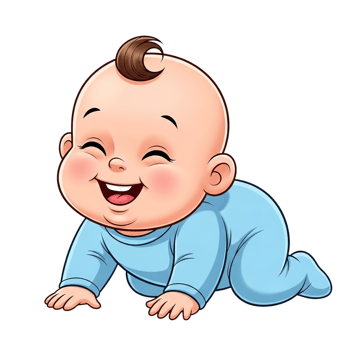 Adorable baby with a big joyful smile crawling on all fours wearing a light blue onesie isolated on transparent background png