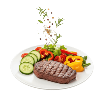 Delicious grilled steak with fresh vegetables and herbs isolated on transparent background png