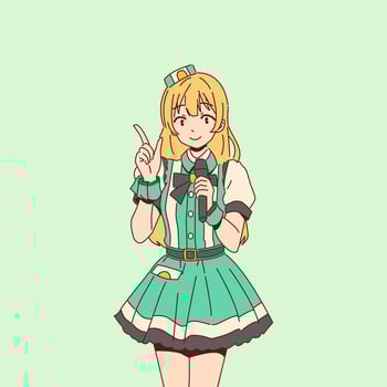 Korean or Japanese idol k-pop singinger. Anime style girl holding a microphone and pointing upwards. She wears a teal and white uniform. Energetic and confident expression. Light green background vector