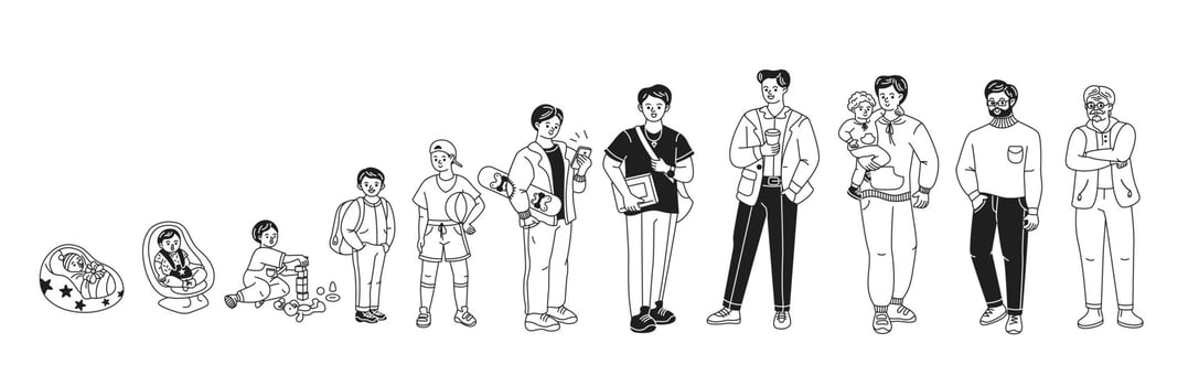 Doodle illustration depicting different stages of a male life from infancy to elderly adulthood in black and white linear style. Ideal for educational and life progression concepts. vector