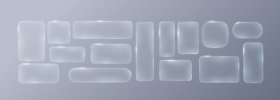 Set of frames and design UI UX elements in the style of liquid glass. Rectangular frosted glass elements. Modern and sleek design suitable for websites and user interfaces. vector
