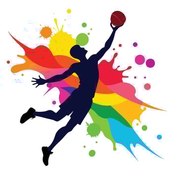 Silhouette Basketball Player Jumping with Ball on Colorful Abstract Splash Background, Dynamic Sports Art, Modern Athletic Poster Illustration. vector