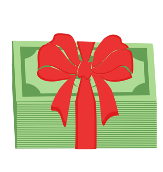 Stack of cash tied with red gift ribbon. png