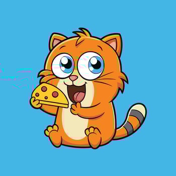 Cute Cartoon Cat Eating Pizza Slice on Blue Background, Adorable Animal Character Illustration, Funny Kitten Enjoying Fast Food for Kids Design. vector
