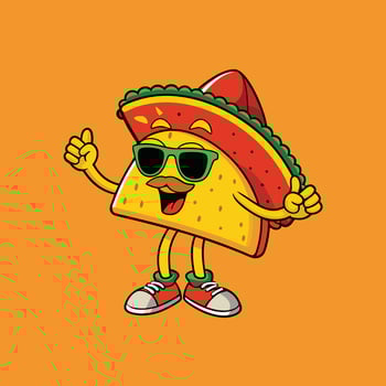 Cool Cartoon Taco Character with Mustache, Sombrero, and Sunglasses Giving Thumbs Up, Fun Mexican Food Mascot Illustration on Orange Background for Kids. vector