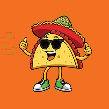 Cool Cartoon Taco Character Wearing Sombrero and Sunglasses Giving Thumbs Up, Fun Mexican Food Mascot Illustration on Orange Background for Kids and Restaurants. vector