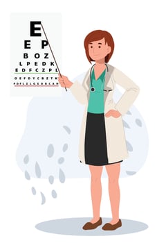 Woman Ophthalmologist Doctor in Medical Uniform Pointing at Eye Chart.Flat cartoon character illustration vector