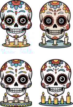 Four colorful sugar skulls with candles isolated on white background vector