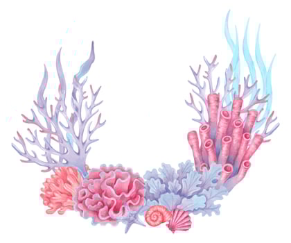 Composition with corals, seaweed and shells. Watercolor illustration. Underwater nature of the seabed. Hand drawn coral reef with space for text. Art for children's design, tourism industry, travel. vector