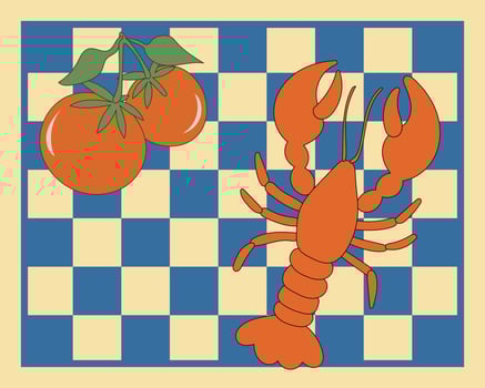 Lobster Seafood Animal Retro Style Poster. Mediterranean Food Amalfi Vintage Art Style. Cafe Restaurant Menu Page Illustration. Cartoon Vibrant Summer Resort Vacation Holiday Advertising Card vector