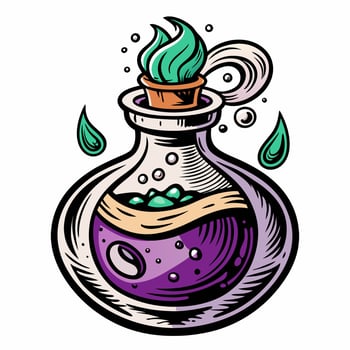 Mystical Potion Bottle with Green Flame and Floating Liquid Drops vector
