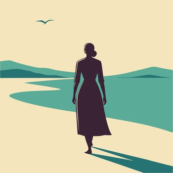 Woman in a long dress walking on a sandy beach by the sea vector