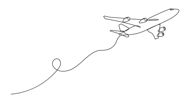 A minimalist continuous line drawing of an airplane, symbolizing travel, freedom, flight, and exploration. vector