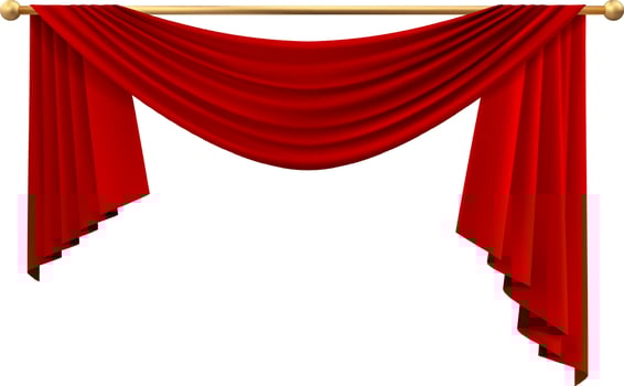 Red curtain hanging gracefully on a golden rod, creating an elegant frame against a pristine white background, ideal for enhancing presentations, announcements, or special events vector