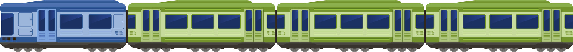 Blue and green carriages of a modern electric train standing still on a white background, representing public transport and sustainable travel vector
