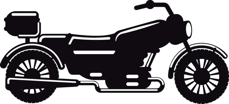 Classic motorcycle silhouette featuring a sidecar with a trunk on top, exhaust pipes, and large wheels, ideal for transportation or travel related designs vector