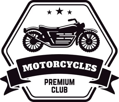 Hexagonal black and white logo designed for a premium motorcycle club, featuring a classic motorbike, decorative stars, and an elegant ribbon banner, embodying vintage biker culture vector