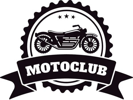 Vintage motorcycle with big wheels inside a round black and white badge with three stars and a ribbon with the writing motoclub, perfect for stickers, prints, apparel and templates vector
