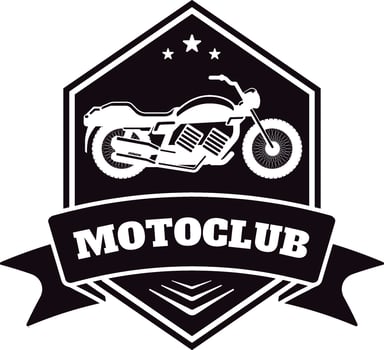 Motorcycle club logo showcasing a classic motorbike within a hexagonal frame, adorned with three stars and a ribbon bearing the inscription motoclub, ideal for motorcycle enthusiasts and clubs vector