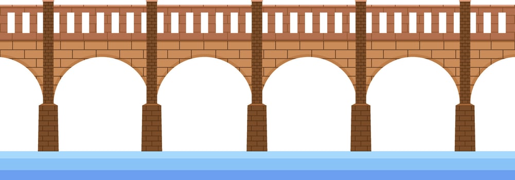 Seamless horizontal illustration of a long brick bridge with arches spanning a wide river, ideal for transportation and infrastructure concepts vector