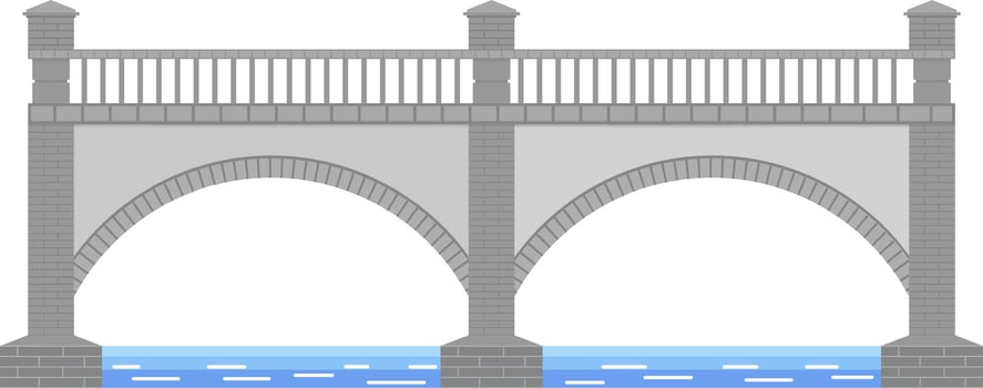 Stone bridge with two arches crossing a river with railing and pillars on a white background representing urban infrastructure and transportation vector