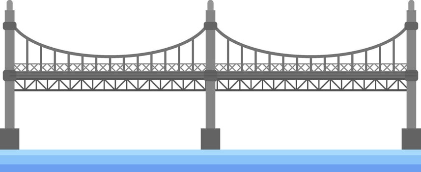 Large suspension bridge crossing a river, supported by large gray pylons, with a light blue sky in the background, creating a sense of connection and infrastructure vector