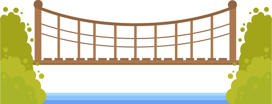 Simple flat style illustration of a wooden suspension bridge crossing a river surrounded by green vegetation, ideal for nature, travel, or adventure related projects vector