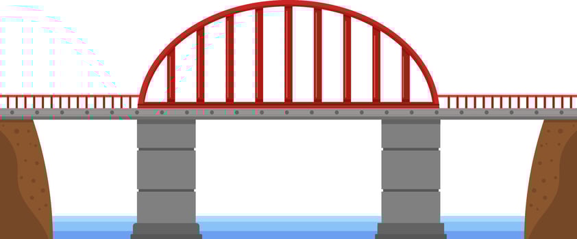 Red arch bridge with concrete pillars and side rails connecting two shores over water, representing infrastructure, transportation, connection, and engineering vector