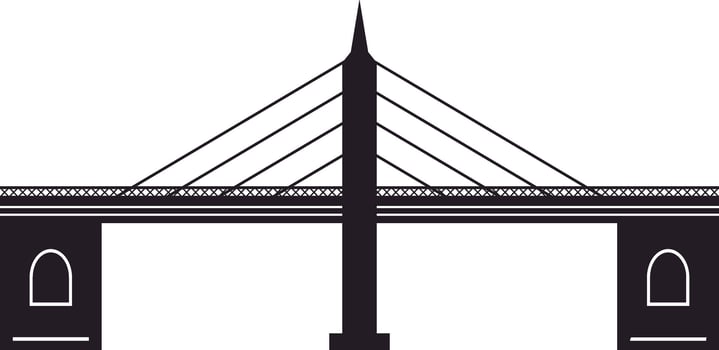 Minimalist illustration featuring a cable stayed bridge silhouette with a prominent central pylon, connecting two sides against a white background, symbolizing connection and infrastructure vector