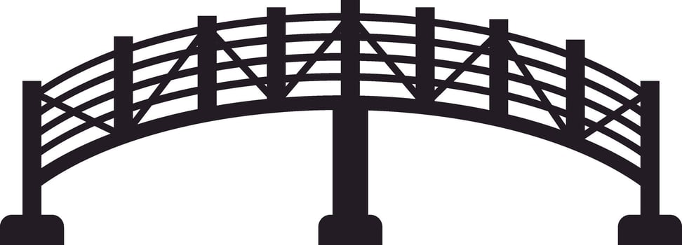 Simple black and white silhouette depicting a wooden pedestrian bridge, featuring crossbeams and posts, connecting two sides with a graceful span, embodying modern design and structure vector