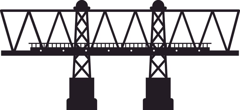 Simple black and white silhouette of cantilever bridge with two towers and crossbeams spanning a river or strait, ideal for industrial or travel concepts vector