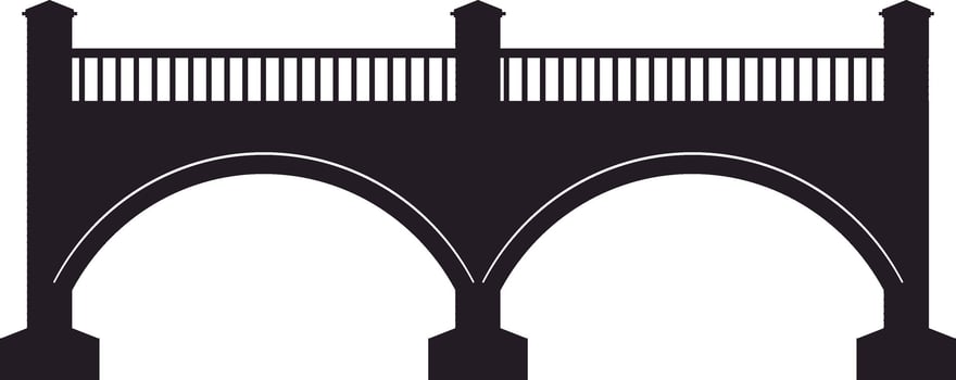 Simple black silhouette of an arched bridge with balustrade and two pillars, representing connection, infrastructure, and passage over an obstacle vector