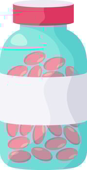 Pink pills resting inside a transparent medicine bottle featuring a blank white label and a vibrant red lid, offering ample opportunity for customization and branding vector