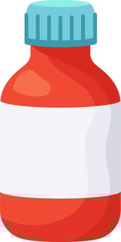 Red plastic medicine bottle with blank white label and blue ribbed cap is standing on a white background, ready for customization and branding for pharmaceutical products vector