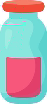 Turquoise glass medicine bottle featuring an orange cap, holding vibrant red liquid medicine, illustrating the essence of prescription drugs and healthcare solutions vector
