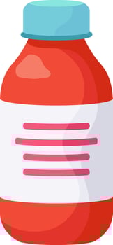 Red plastic medicine bottle with blank white label featuring four pink horizontal lines and light blue cap, promoting health, wellness, and pharmaceutical industry vector