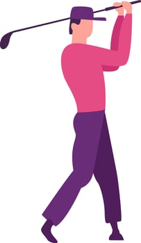 Professional golfer dressed in a pink sweatshirt and purple pants, swinging a golf club with intense concentration, fully engaged in the game against a clean white background vector