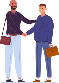 Two businessmen shaking hands after successfully reaching an agreement, holding briefcases while concluding a productive business negotiation in a corporate office setting vector