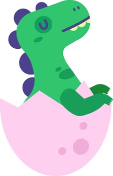 Cute green baby dinosaur hatching from a pink egg, radiating happiness and curiosity about the vibrant world surrounding it. A delightful representation of new life and innocence vector