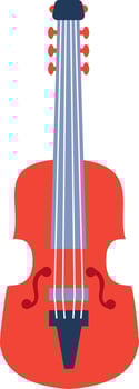Red cello showing strings, sound holes, bridge, tuning pegs, fingerboard and scroll, in vertical position, isolated on white background, representing classical music and string instruments vector
