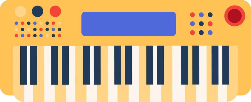 Electric piano keyboard with colored buttons and blue screen playing music, ideal for music production, composition, learning or entertainment, representing creativity, melody, and sound design vector