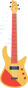 Electric bass guitar with red fingerboard and yellow body standing vertically on white background, musical instrument with strings and tuning pegs vector