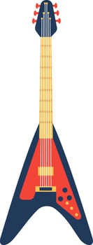Red and blue Flying V electric guitar with wooden neck and tuning pegs isolated on white background, representing rock and roll music and guitar playing vector