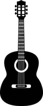 Vertical black and white silhouette of a classical guitar, highlighting the sound hole, strings, fretboard, headstock, and tuning pegs in a striking minimalist design vector