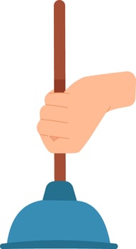 Hand gripping a sturdy wooden handled plunger, poised for tackling clogged drains and addressing various plumbing challenges in bathrooms and kitchens vector