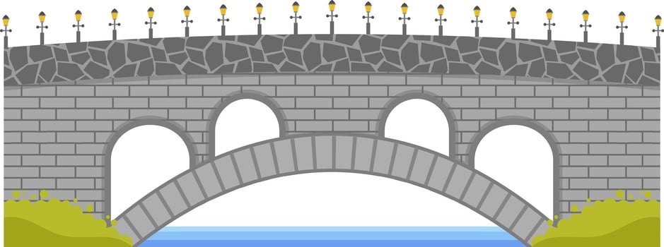 Old stone bridge with street lamps illuminating the roadway across the river. Connecting two banks with green grass. Isolated on white background. Representing urban infrastructure and transportation vector